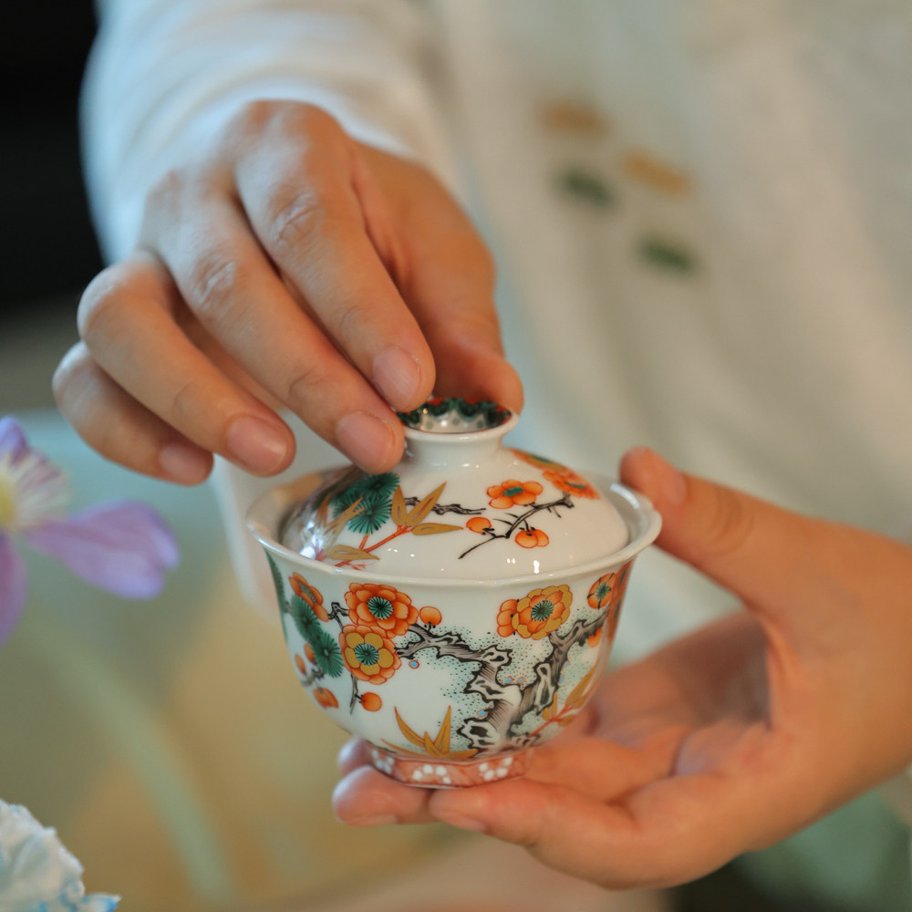 古阅和风茶具斗彩描金松竹梅盖碗