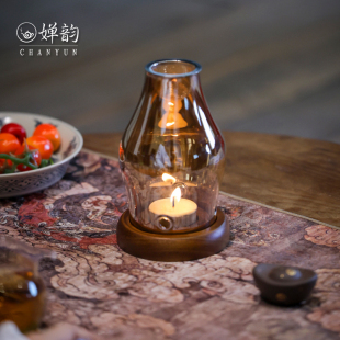 婵韵 金色玻璃胡桃木香炉烛台焚香炉香器底座香薰炉香道配件摆件