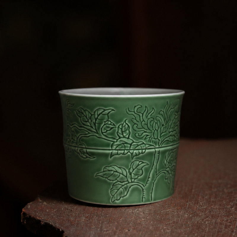 忘言造物茶具苔绿暗刻丛菊竹节杯