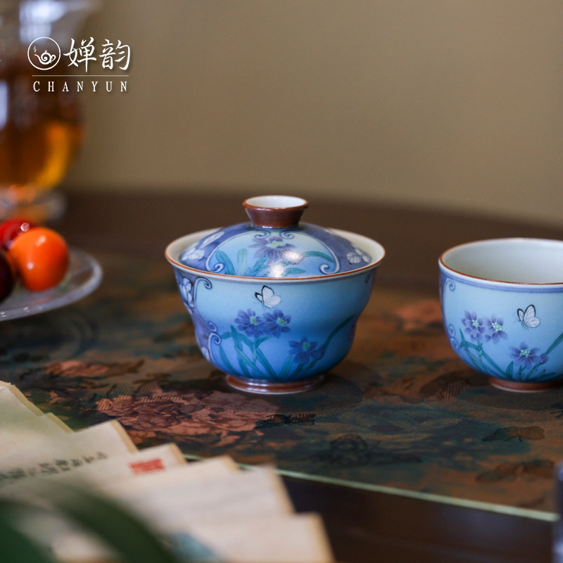 婵韵 新墨冉青花斗彩渐变鸢尾花蝴蝶葫芦盖碗茶杯单个景德镇茶具