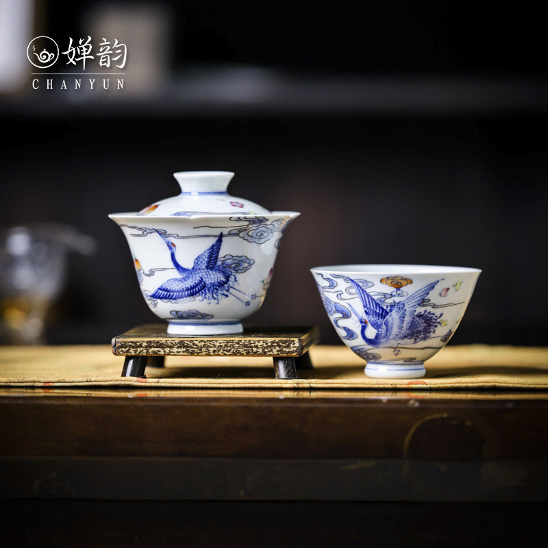 卓君云中飞鹤祥云桃子盖碗茶杯