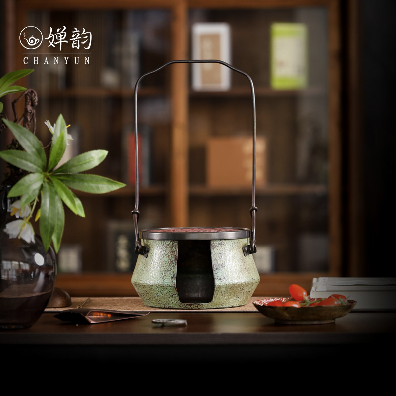 春喜铜复古青苔绿锤纹提篮火钵