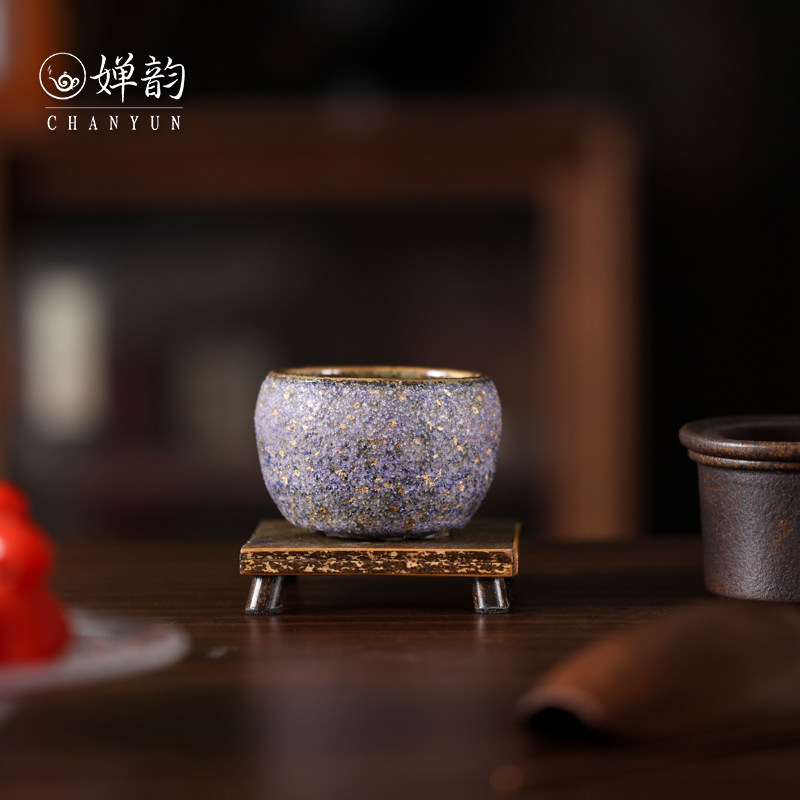 婵韵高越岩矿茶杯蓝金玫瑰窑变杯