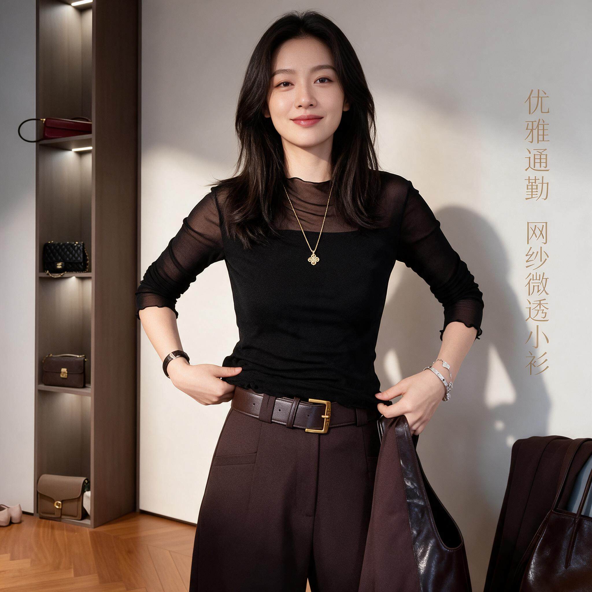 秋季显瘦网纱打底上衣女半高领木耳边长袖温柔风通勤气质小衫