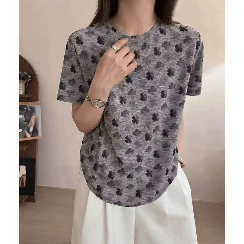 2026夏季新款大码女装胖妈妈弹力轻薄印花短袖T恤女宽松遮肉上衣