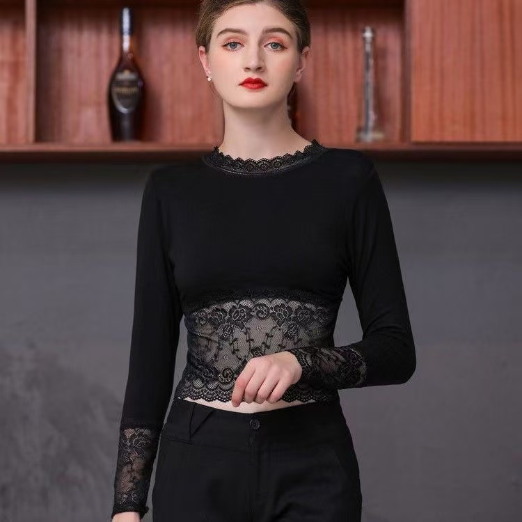 春季T恤半截薄款打底衫女蕾丝长袖洋气拼接新款春秋外穿内搭潮