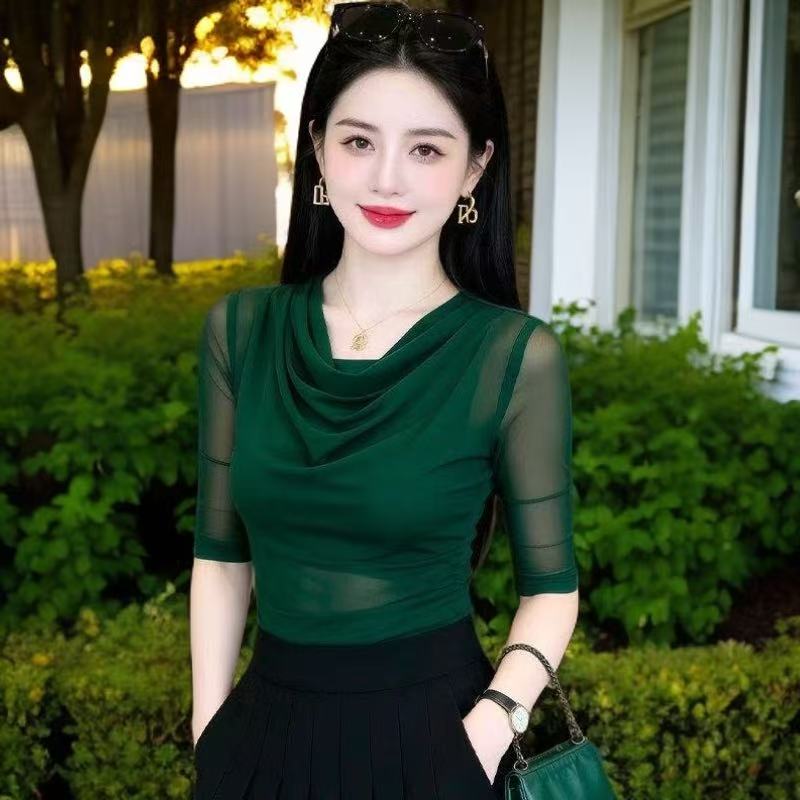 夏季气质百搭上衣女五分袖2026年新款网纱t恤修身显瘦堆堆领小衫