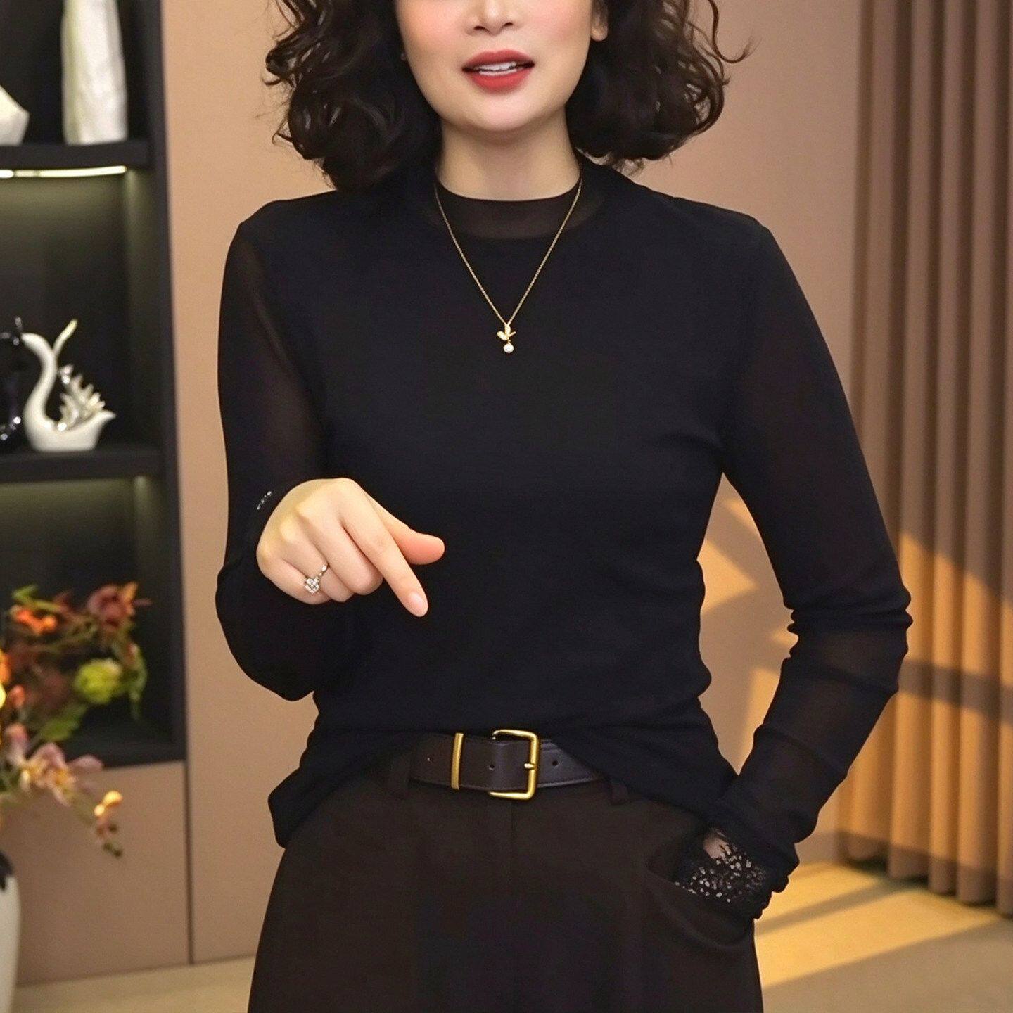 蕾丝拼接网纱上衣女秋冬新款内搭洋气妈妈长袖t恤半高领打底小衫