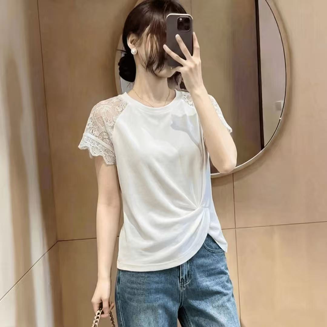 复古蕾丝夏季韩系蕾丝拼接短袖T恤女新款温柔修身上衣百搭