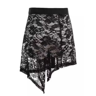 韩版黑色蕾丝不规则下摆半身裙女四季百搭一片式遮臀屁帘白色短裙