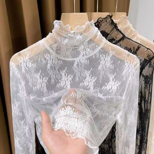 时髦时尚洋气白色网纱打底衫长袖高领蕾丝内搭小衫女薄款2026新款