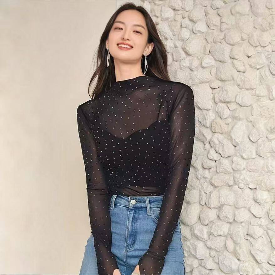 黑色亮钻网纱圆领波点长袖T恤显瘦女辣妹早春爆款内搭上衣