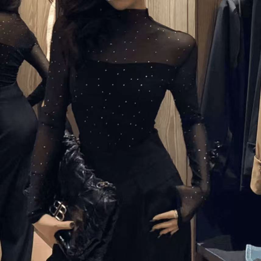 波点烫钻半高领蕾丝打底衫女洋气早秋季辣妹秋冬短款镂空网纱上衣