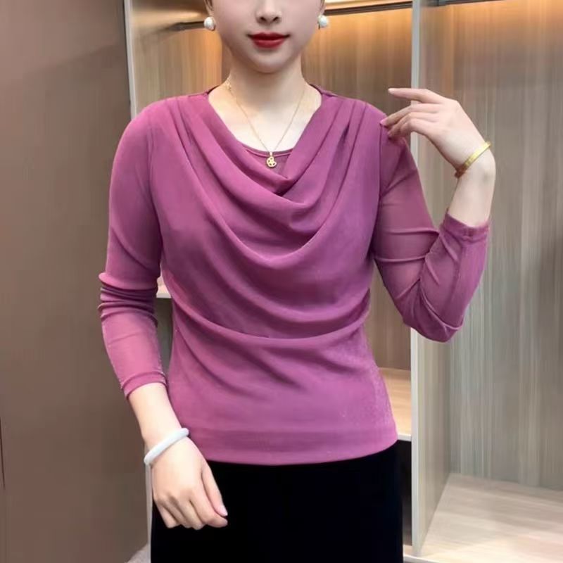 韩版时尚高级感气质百搭女款堆堆领显瘦修身洋气荡领打底衫