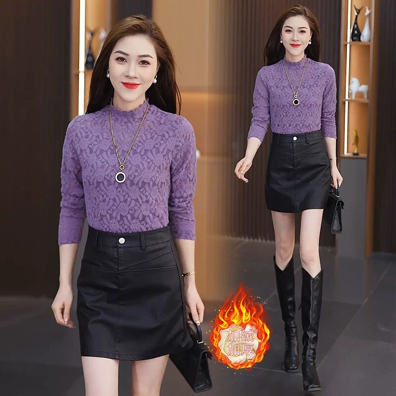 千金风时尚蕾丝打底衫女半高领