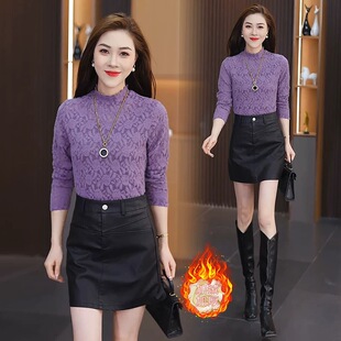 千金风时尚蕾丝打底衫女半高领长袖镂空修身秋冬内搭百搭上衣