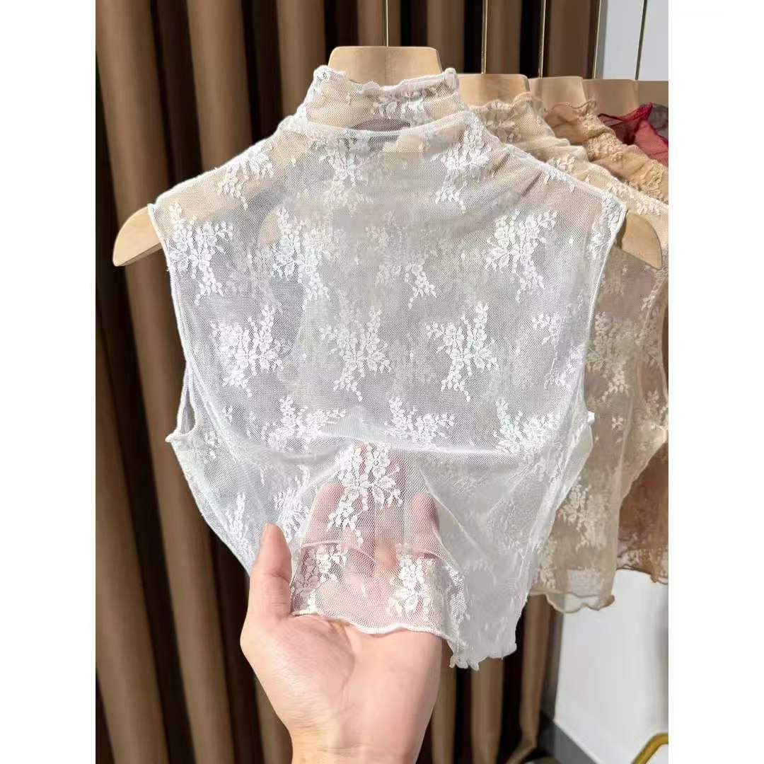 蕾丝假领子女百搭秋冬内搭木耳边高领网纱打底衫无袖背心纱衣