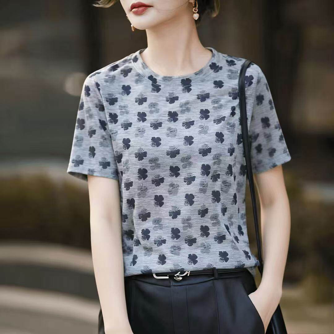2026夏季新款大码女装胖妈妈弹力轻薄印花短袖T恤女宽松遮肉上衣