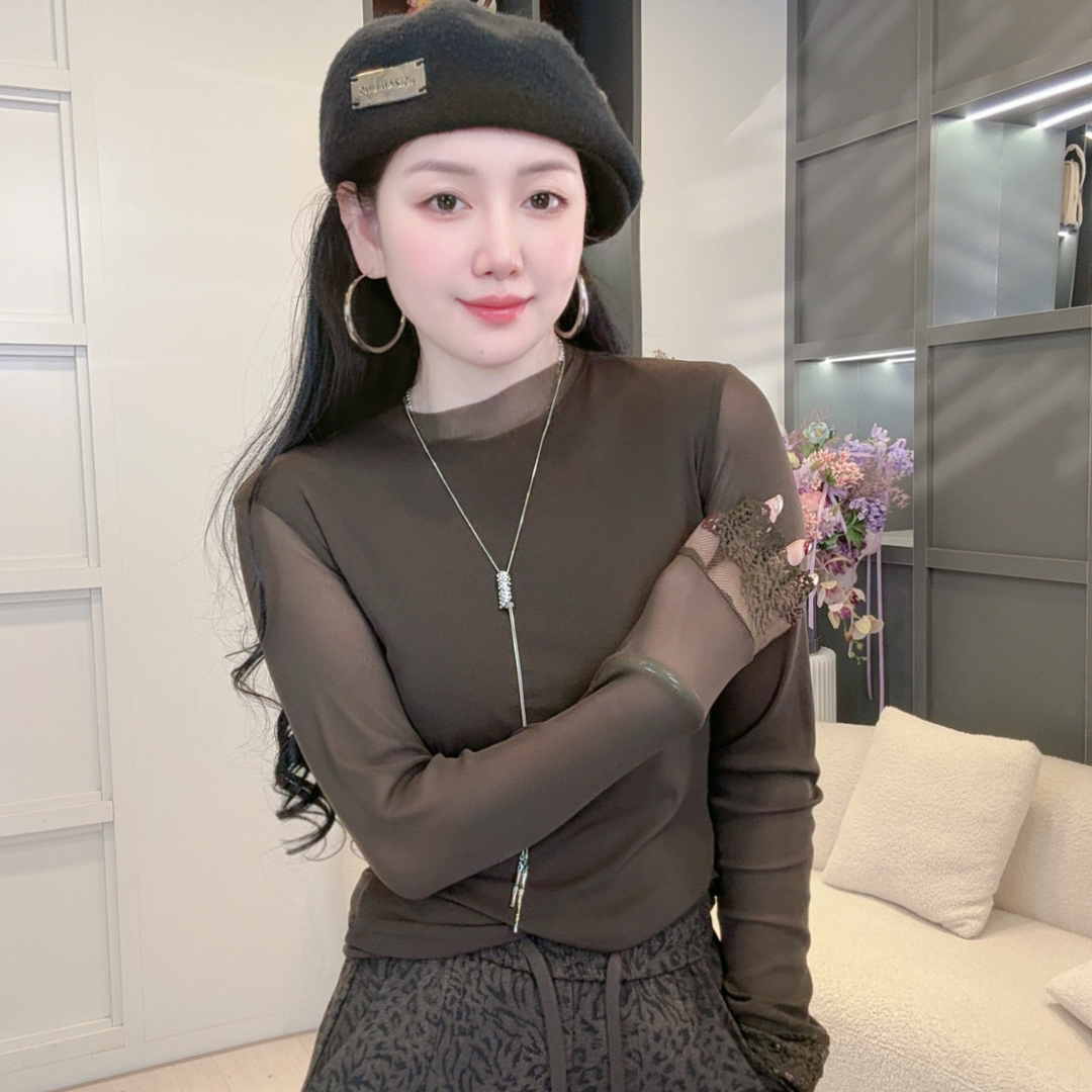 蕾丝拼接网纱上衣女秋冬新款内搭洋气妈妈长袖t恤半高领打底小衫