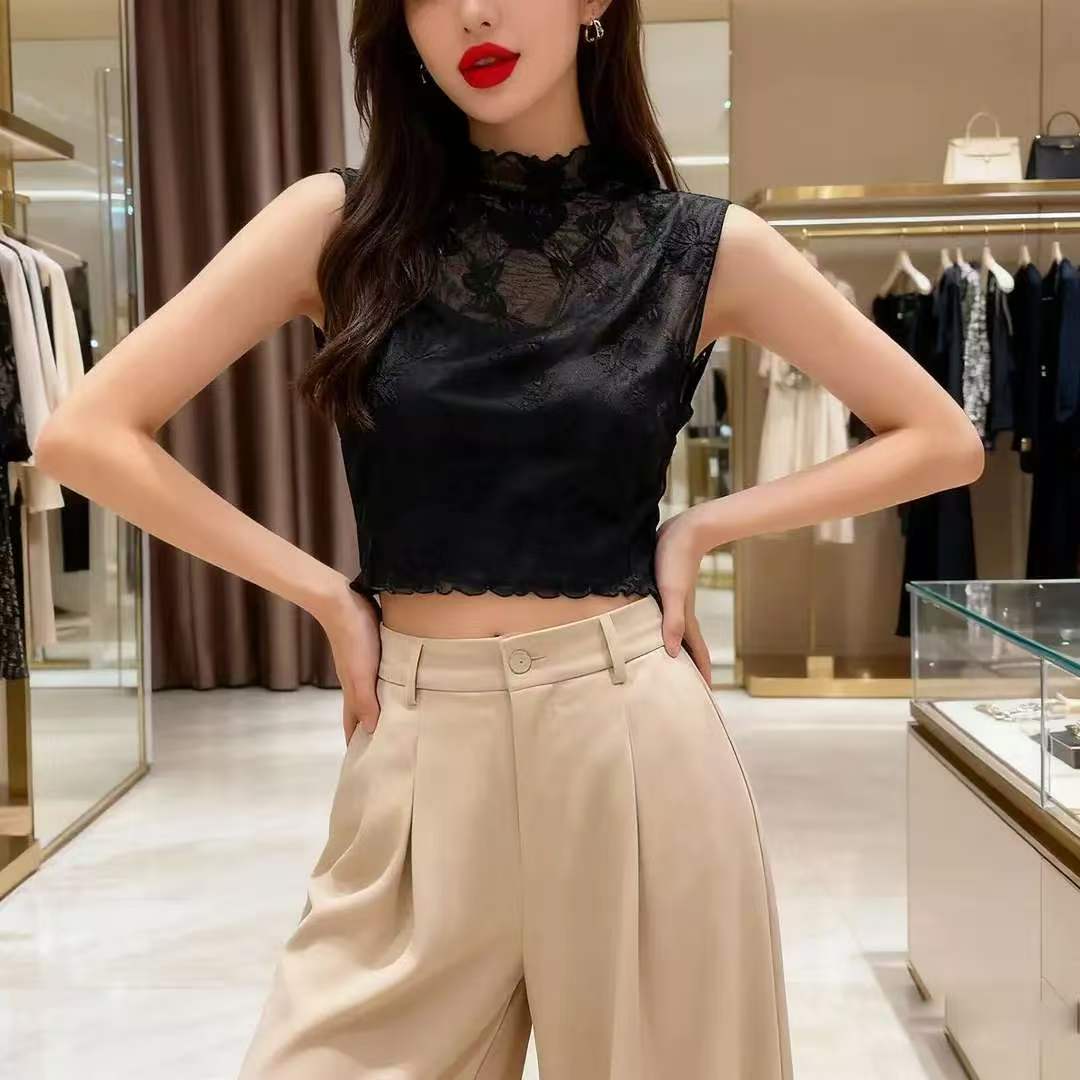 花边领蕾丝假领子百搭女高档木耳边无袖背心修身网纱半高领打底衫