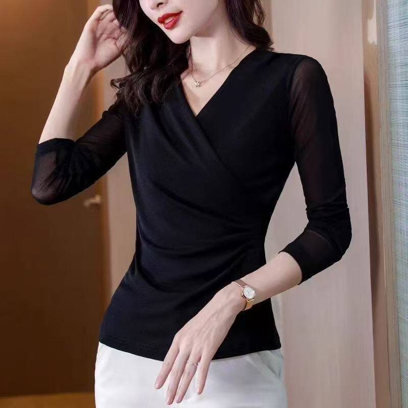 高级感v领黑色长袖T恤女春秋季大码遮肚子显瘦内搭打底衫欧货上衣