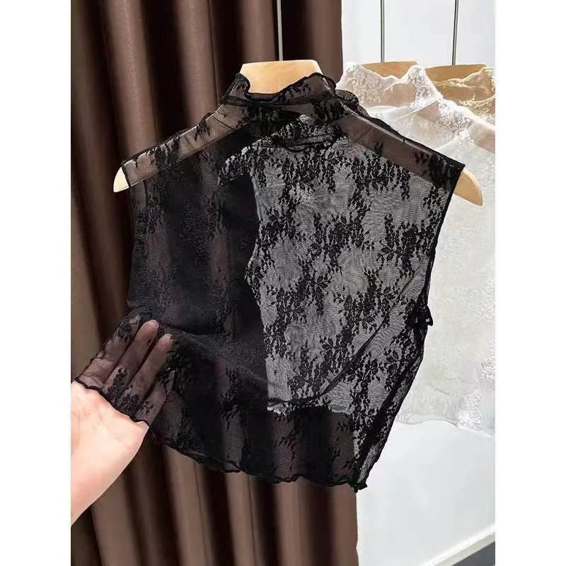 半高领无袖透视蕾丝上衣 温柔风碎花网纱假领叠穿打底衫女洋气
