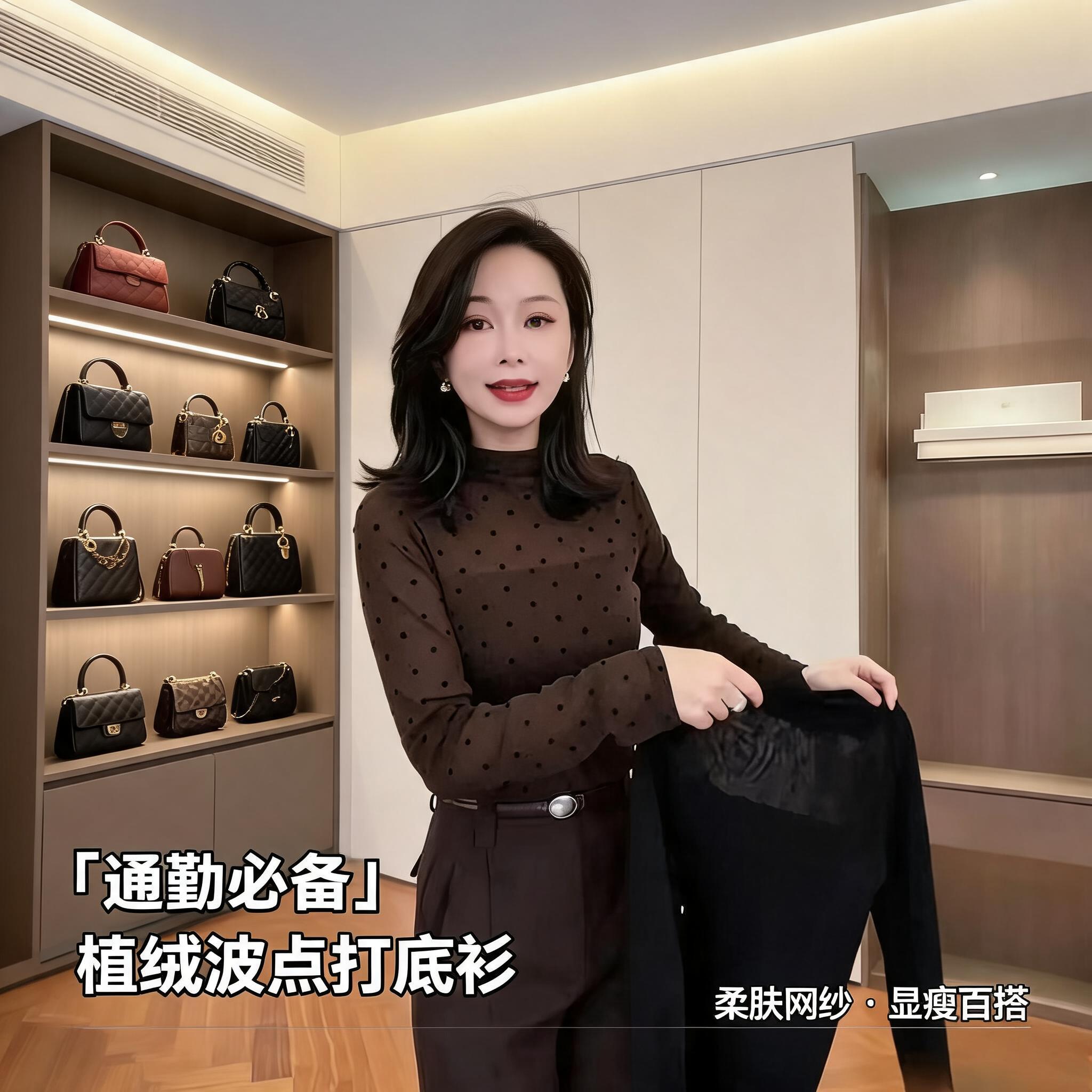 半高领波点网纱T恤女秋长袖洋气显瘦日常通勤百搭女士打底衫