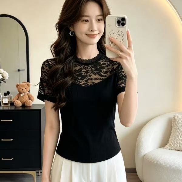 蕾丝拼接短袖T恤打底女2026夏洋气减龄百搭时尚显瘦女式外搭小衫