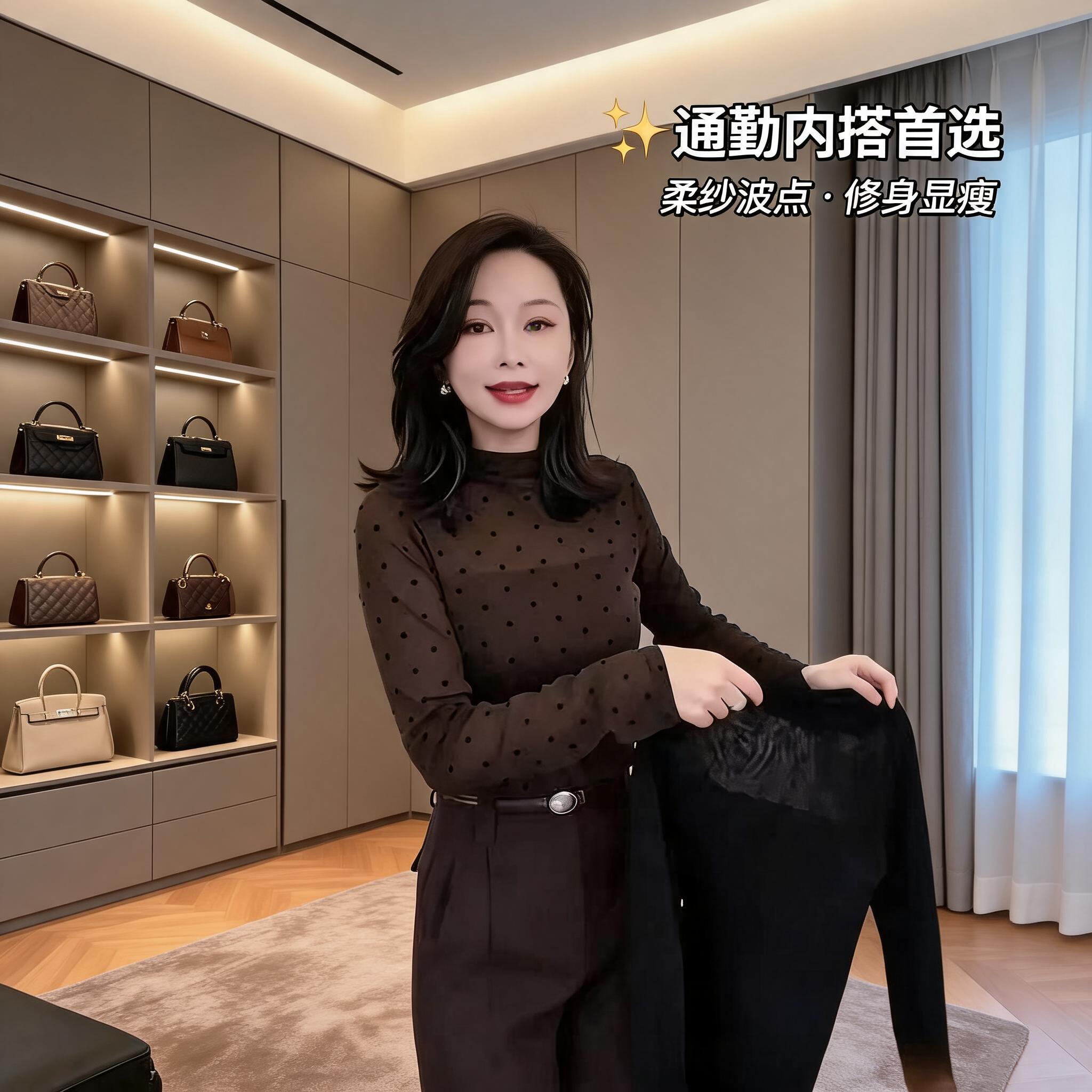 高级感波点网纱长袖上衣女半高领秋季新款显瘦百搭修身女士T恤衫
