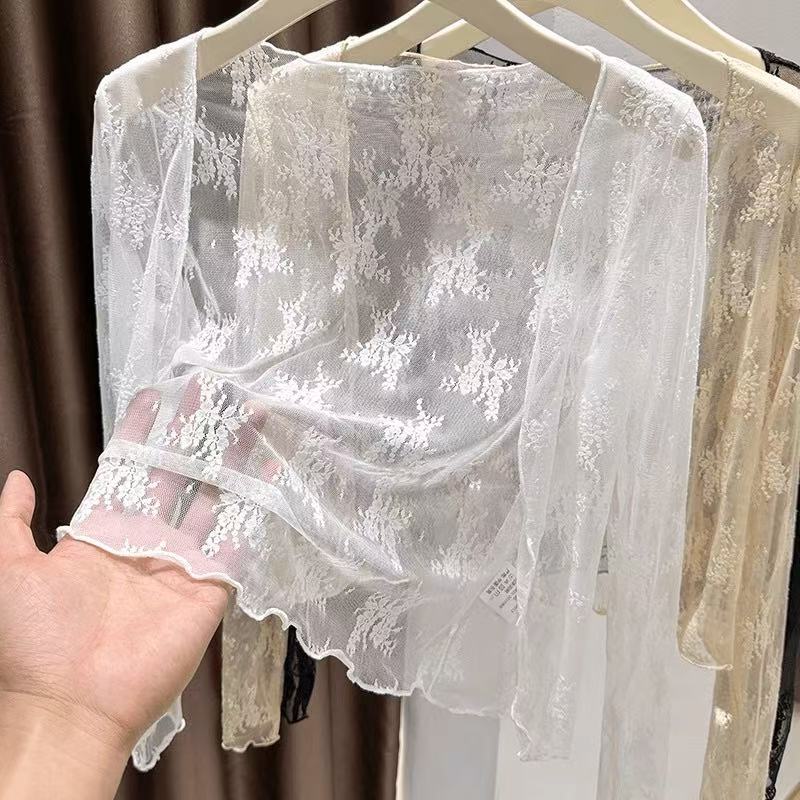 气质开衫女薄纱外搭休闲木耳边蕾丝小披肩夏季配吊带裙子短款罩衫