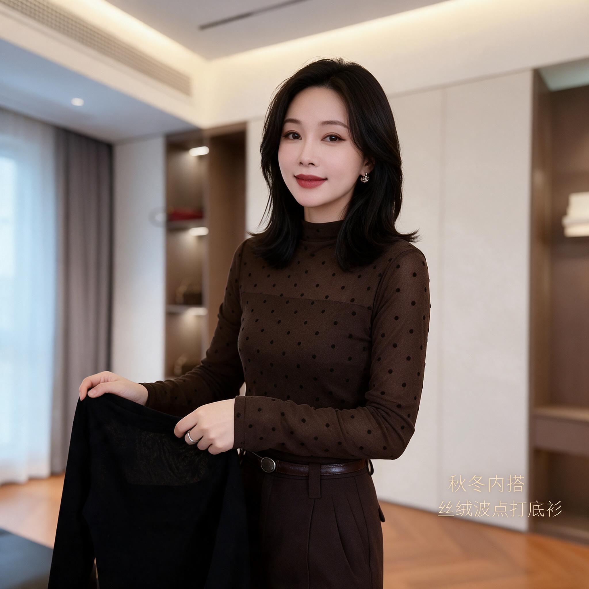 法式波点网纱上衣女半高领长袖秋款修身显瘦百搭洋气女士打底T恤