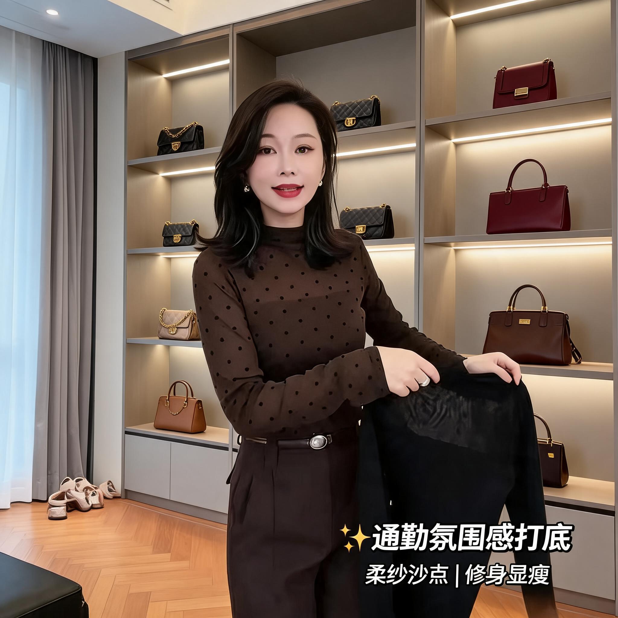 半高领波点网纱T恤女秋长袖洋气显瘦日常通勤百搭女士打底衫