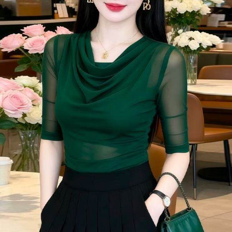 绿色网纱短袖T恤女款春夏季新款洋气时髦小衫内搭打底衫蕾丝上衣