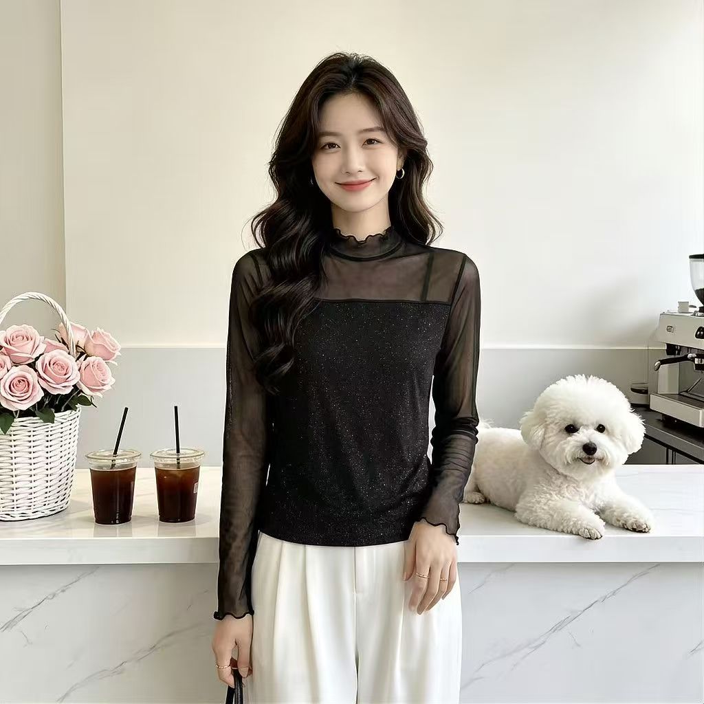气质木耳边半高领网纱衫女闪银亮片微透长袖修身百搭打底上衣