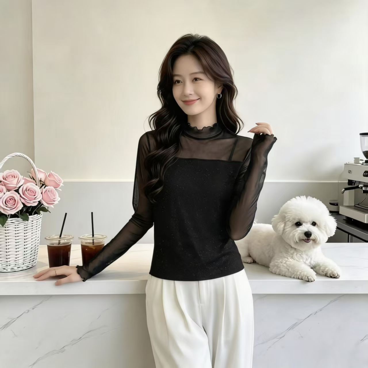 木耳边半高领闪光网纱打底衫女修身显瘦长袖百搭叠穿内搭小衫