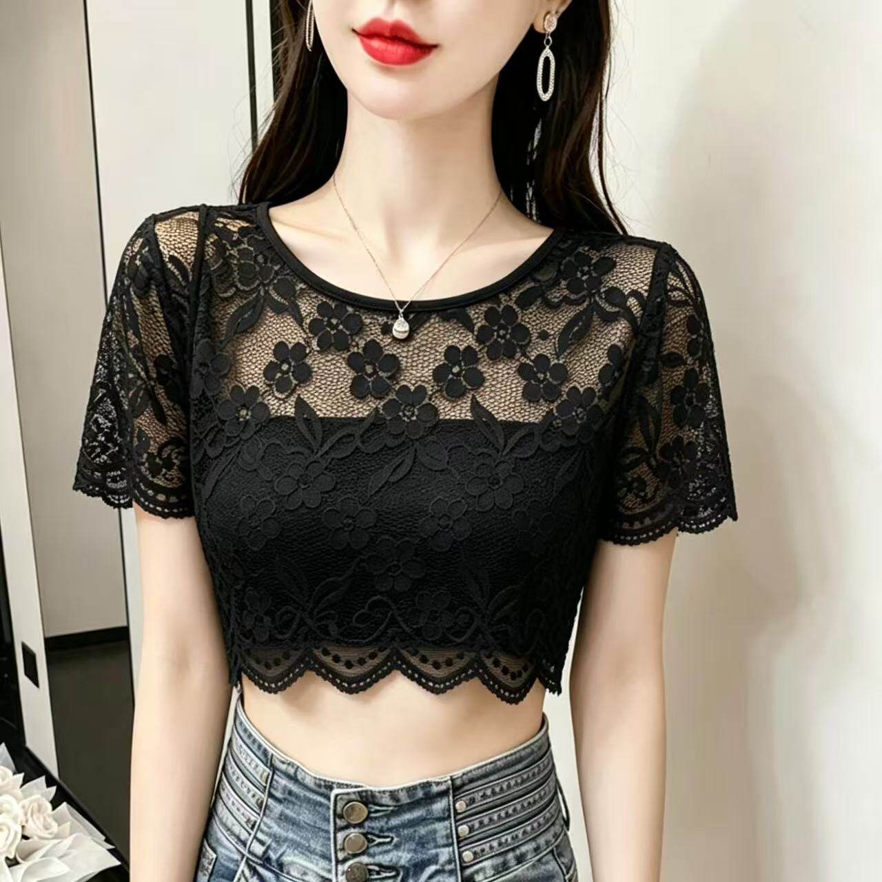 蕾丝短袖半身短款百搭内搭t恤罩衫薄纱衣夏女半截网纱打底衫