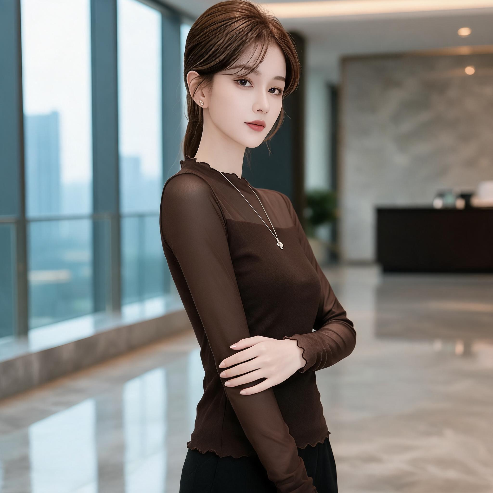 简约木耳边半高领网纱小衫女长袖纯色透视百搭气质蕾丝打底衫