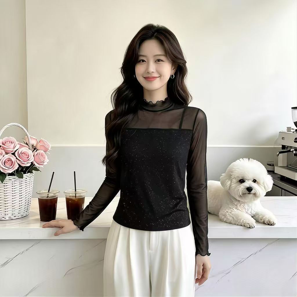高级感亮片网纱上衣女半高领木耳边修身长袖显瘦百搭打底小衫