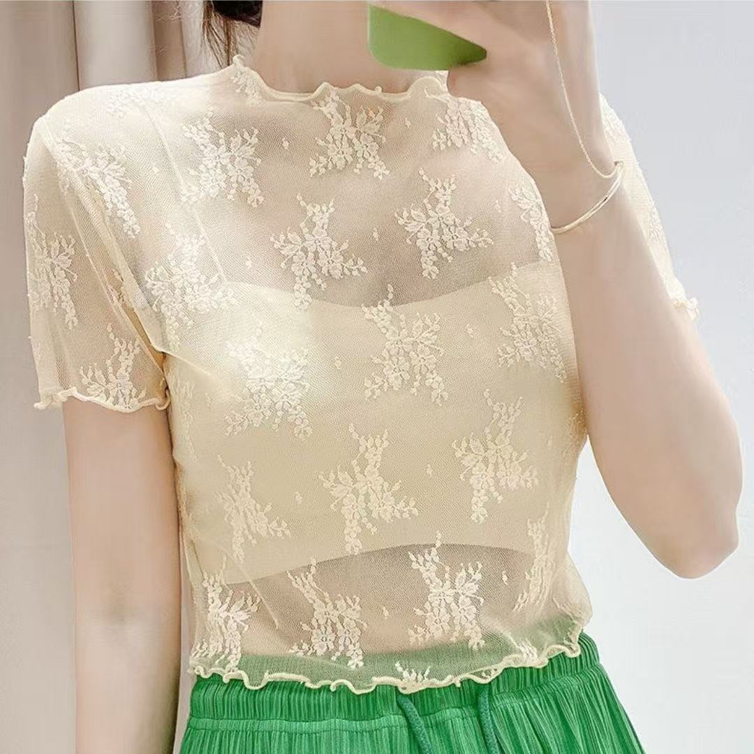 夏季透视蕾丝短袖女 半截网纱内搭 吊带裙木耳花边打底衫