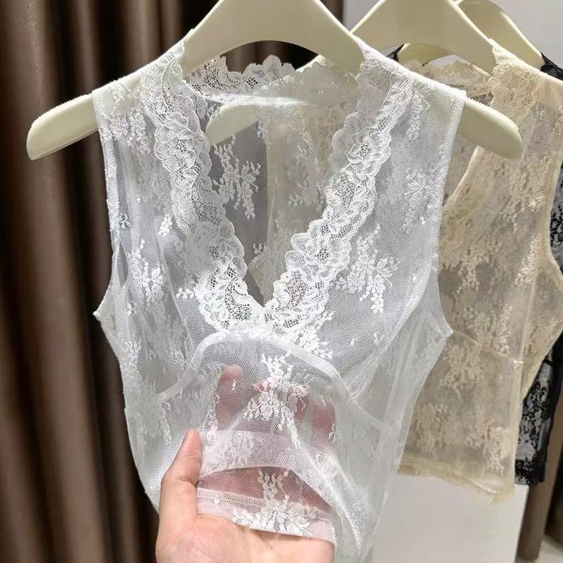 纯欲风花边v领蕾丝打底衫女夏季短款修身无袖背心网纱内搭上衣薄