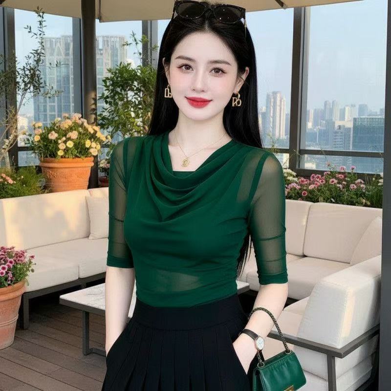 绿色修身五分蕾丝网纱T恤上衣新款气质洋气短袖时髦堆堆打底小衫