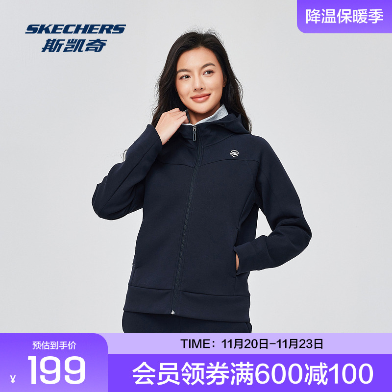 斯凯奇2025秋冬女子运动休闲连帽外套保暖空气层舒适针织宽松长袖