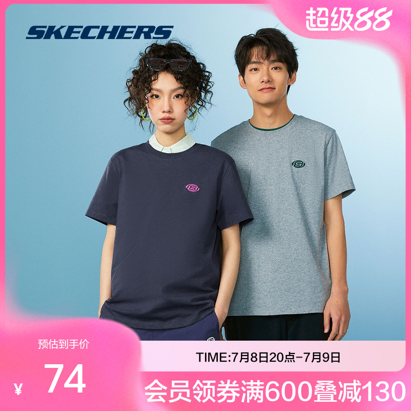 斯凯奇官方outlets2025男女款短袖T恤圆领舒适棉质材简约时尚印花