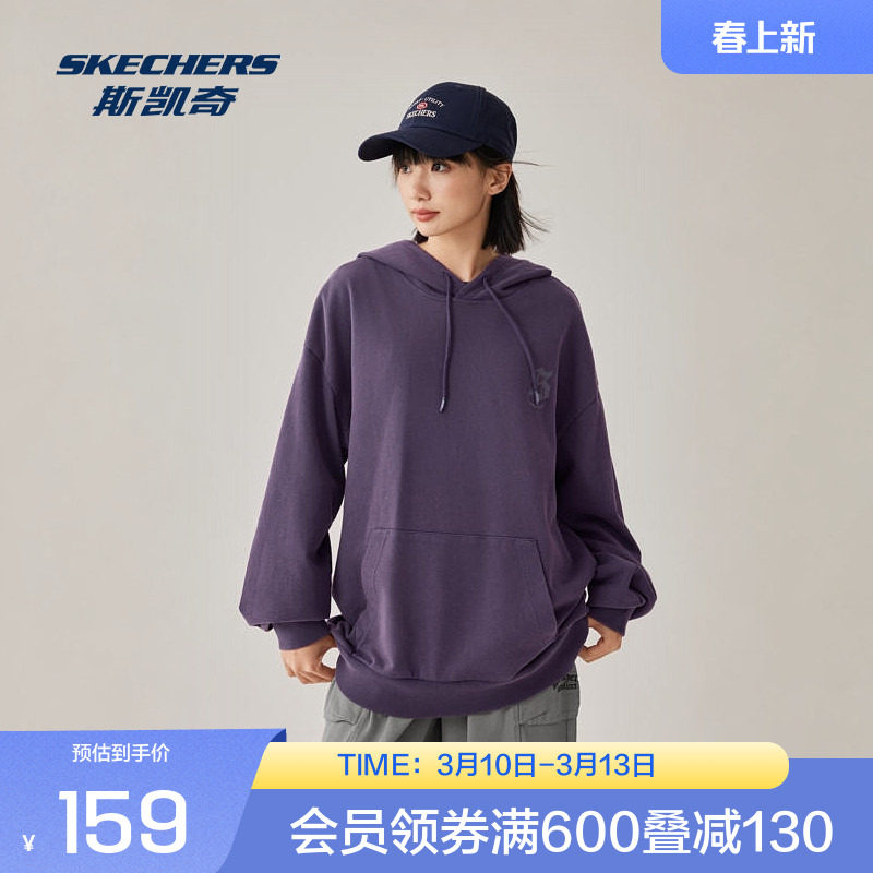 斯凯奇连帽卫衣秋季中性款套头宽松舒适实用帽绳标识印花设计