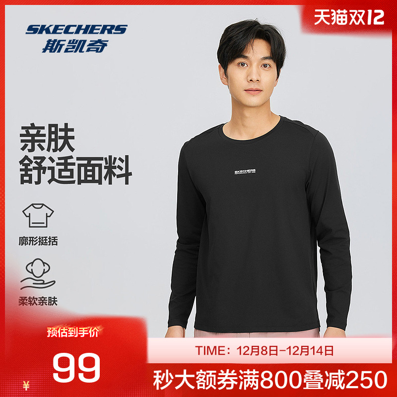 skechers运动休闲服装2025夏季圆领长袖男款细腻柔软聚酯纤维