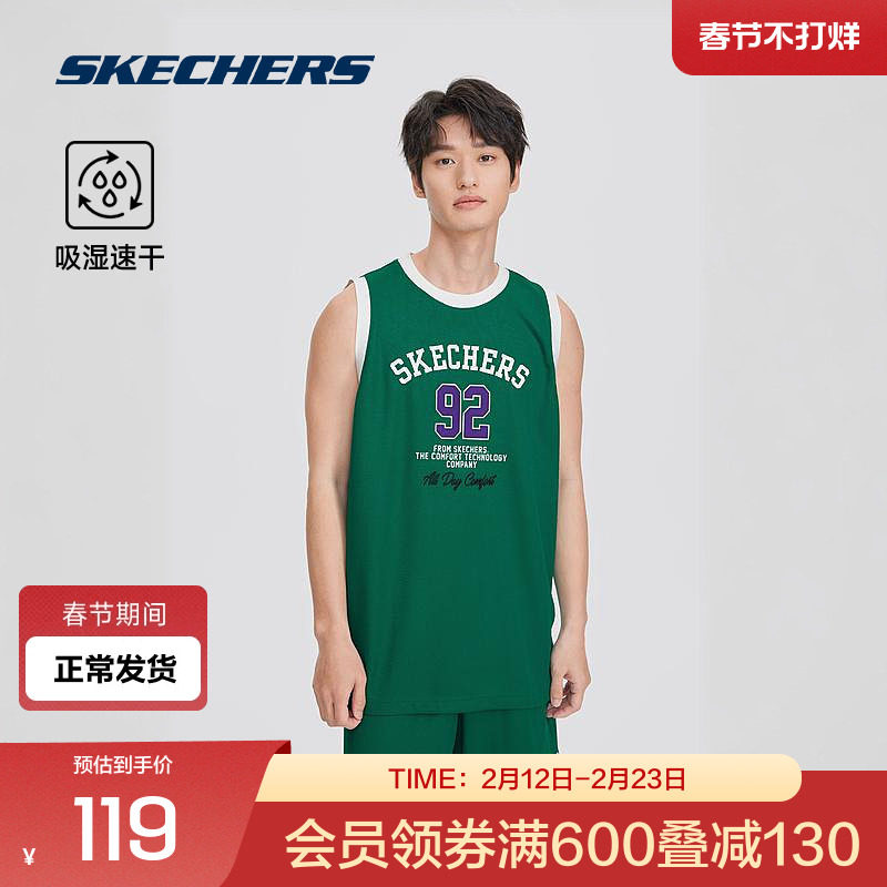 斯凯奇官方outlets夏季运动服男女同款无袖圆领篮球背心T恤