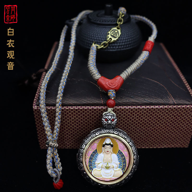 手绘唐卡彩绘观音菩萨项链男士护身符潮牌吊坠复古个性挂件毛衣链