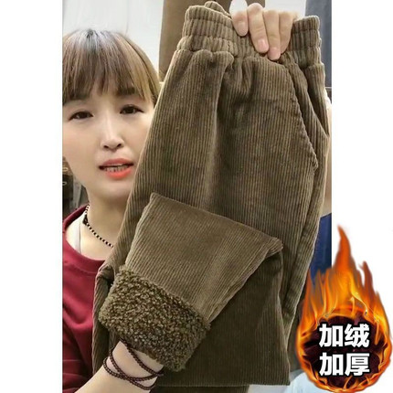 加绒加厚秋冬季灯芯绒裤子女萝卜裤哈伦裤条绒裤羊羔毛直筒老爹裤
