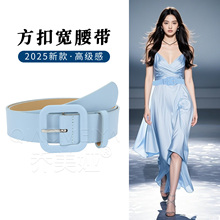 方扣宽腰带女士2025新款高级感装饰配浅蓝色连衣裙西装大衣皮带