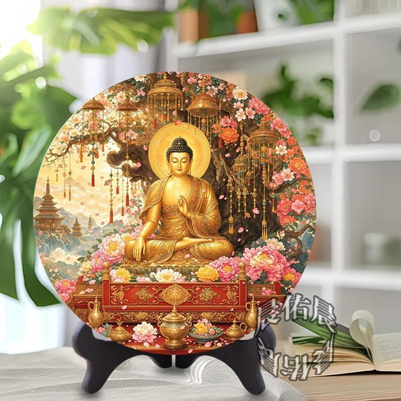 繁花菩提树释迦牟尼像圆形相框摆台佛堂静心圆满供奉成品摆件